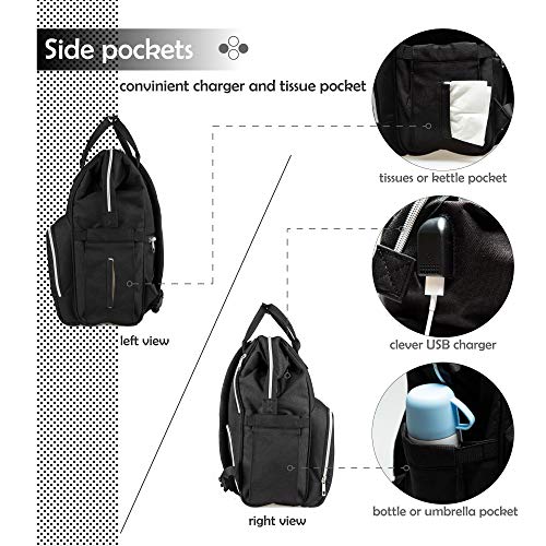 NEVEQ Mochilas de Pañales para Bebé, Maternal Bolso Multifuncional con USB de Viaje, Gran Capacidad, Impermeable (Negro)