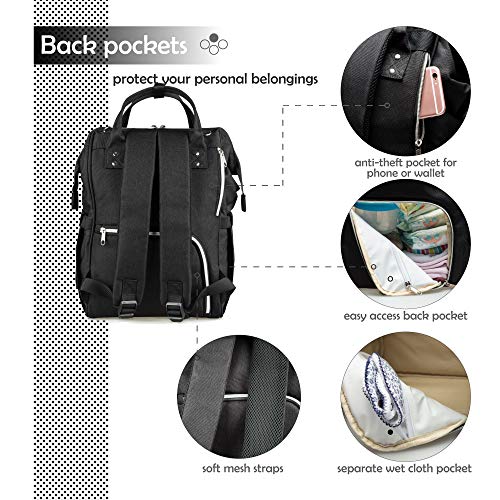 NEVEQ Mochilas de Pañales para Bebé, Maternal Bolso Multifuncional con USB de Viaje, Gran Capacidad, Impermeable (Negro)