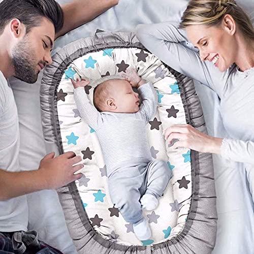 Nido bebé Reductor de Cuna Reversible Capullo,Reductor de Cuna Nidos, Algodón 100% Antialergenico,Cama cana nido de viaje Doble Caras para bebe dormir (estrella azul)