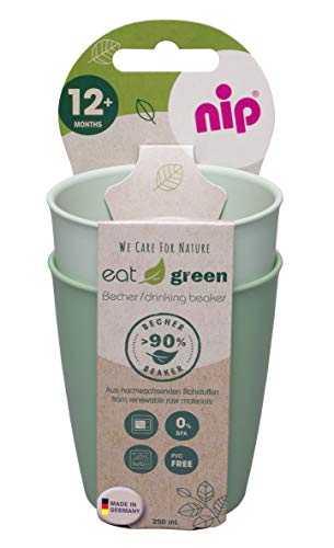 NIP EATE ECO GREEN ECO Beber Copa para niños y bebé de 12 meses: sin melamina, para microondas y lavavajillas, 2 piezas, verde