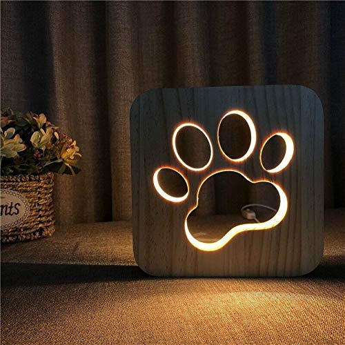 No Logo ZANGAO Dog LED USB - Luz nocturna de madera con diseño de pata de gato con cabeza de lobo para habitación en 3D, madera, A