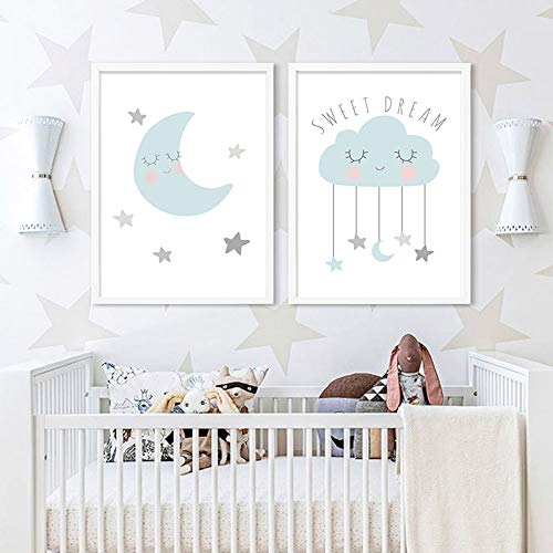 Nordic Ideas Laminas Cuadros Azul Luna Nube Estrella Citas Ilustraciones A3 Póster 30x40 Infantiles Bebe Niño Niña Habitación Decoración Impresión en Lienzo Regalo Sin Marco