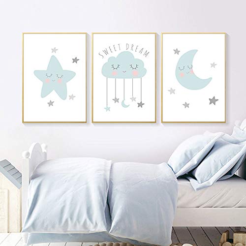 Nordic Ideas Laminas Cuadros Azul Luna Nube Estrella Citas Ilustraciones A3 Póster 30x40 Infantiles Bebe Niño Niña Habitación Decoración Impresión en Lienzo Regalo Sin Marco