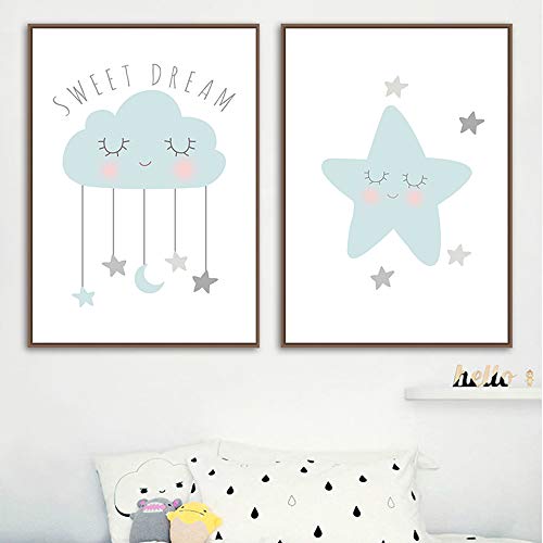 Nordic Ideas Laminas Cuadros Azul Luna Nube Estrella Citas Ilustraciones A3 Póster 30x40 Infantiles Bebe Niño Niña Habitación Decoración Impresión en Lienzo Regalo Sin Marco