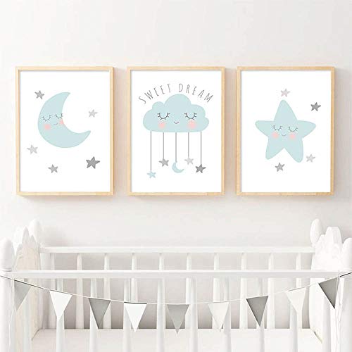 Nordic Ideas Laminas Cuadros Azul Luna Nube Estrella Citas Ilustraciones A3 Póster 30x40 Infantiles Bebe Niño Niña Habitación Decoración Impresión en Lienzo Regalo Sin Marco