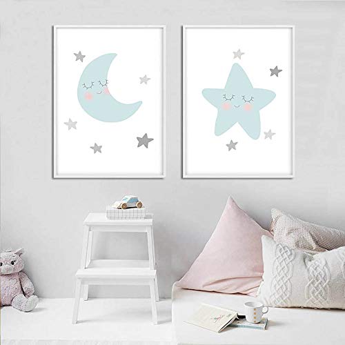 Nordic Ideas Laminas Cuadros Azul Luna Nube Estrella Citas Ilustraciones A3 Póster 30x40 Infantiles Bebe Niño Niña Habitación Decoración Impresión en Lienzo Regalo Sin Marco