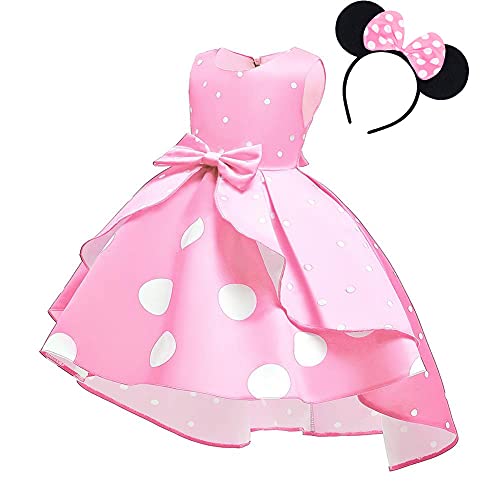 OBEEII Disfraz de princesa para bebé de lunares sin mangas de Minnie con diadema para Navidad, canaval, ceremonia, Halloween, cumpleaños, fiestas, 18 m y 11 A, Rosa+diadema, 4-5 Años