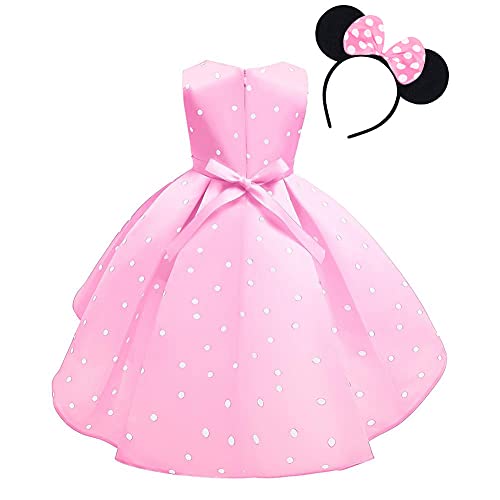 OBEEII Disfraz de princesa para bebé de lunares sin mangas de Minnie con diadema para Navidad, canaval, ceremonia, Halloween, cumpleaños, fiestas, 18 m y 11 A, Rosa+diadema, 4-5 Años