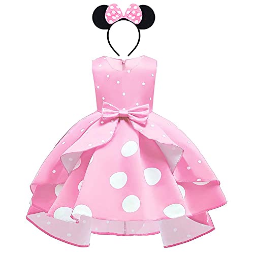 OBEEII Disfraz de princesa para bebé de lunares sin mangas de Minnie con diadema para Navidad, canaval, ceremonia, Halloween, cumpleaños, fiestas, 18 m y 11 A, Rosa+diadema, 4-5 Años