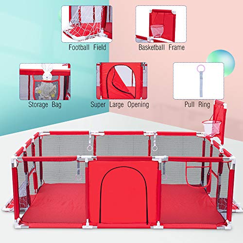 Orzbow Parque Infantil Bebés, Plegable Valla de Juegos para Niños,Corralito para bebés - Valla de Seguridad para Bebés con Marco de la Bola (Rojo-Rectángulo)