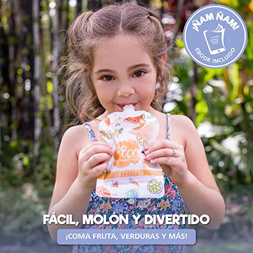 Pack de 10 Bolsas de Comida Reutilizables Sweety Fox - Bolsa para Compota y Puré 150 ml - Doble cierre Hermetico - Fácil de Rellenar, Limpiar y Transportar - con Cepillo y Embudo - Para bebes y niños