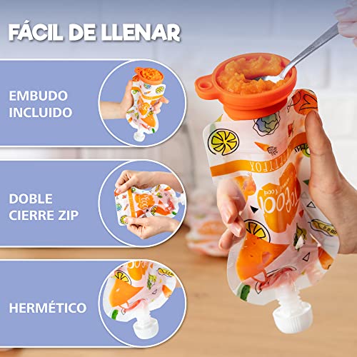 Pack de 10 Bolsas de Comida Reutilizables Sweety Fox - Bolsa para Compota y Puré 150 ml - Doble cierre Hermetico - Fácil de Rellenar, Limpiar y Transportar - con Cepillo y Embudo - Para bebes y niños