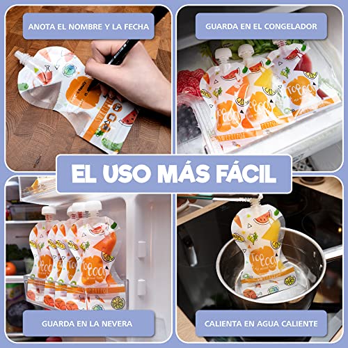 Pack de 10 Bolsas de Comida Reutilizables Sweety Fox - Bolsa para Compota y Puré 150 ml - Doble cierre Hermetico - Fácil de Rellenar, Limpiar y Transportar - con Cepillo y Embudo - Para bebes y niños