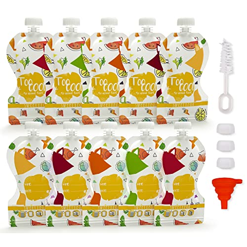 Pack de 10 Bolsas de Comida Reutilizables Sweety Fox - Bolsa para Compota y Puré 150 ml - Doble cierre Hermetico - Fácil de Rellenar, Limpiar y Transportar - con Cepillo y Embudo - Para bebes y niños