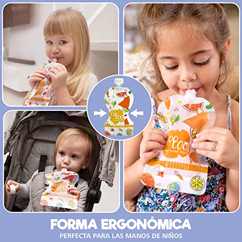 Pack de 10 Bolsas de Comida Reutilizables Sweety Fox - Bolsa para Compota y Puré 150 ml - Doble cierre Hermetico - Fácil de Rellenar, Limpiar y Transportar - con Cepillo y Embudo - Para bebes y niños