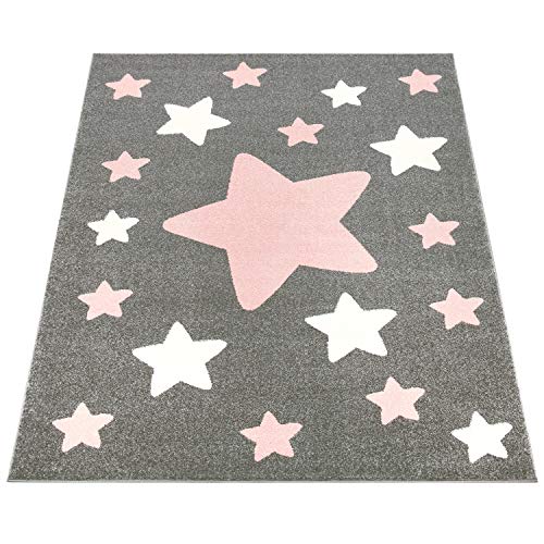 Paco Home Alfombra Habitación Infantil Estrellas Grandes Y Pequeñas En Gris Y Rosa, tamaño:120x170 cm