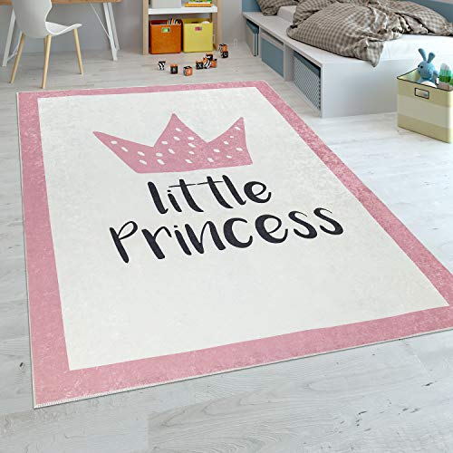 Paco Home Alfombra Habitación Infantil Niña Bebé Lavable Princesa Frase Rosa, tamaño:80x150 cm