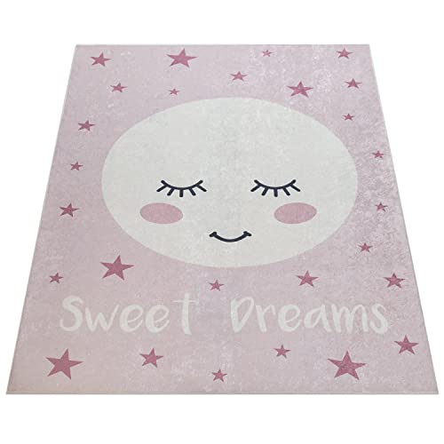 Paco Home Alfombra Habitación Infantil Niña Lavable Estrellas Luna Adorable Frase Rosa, tamaño:120x160 cm