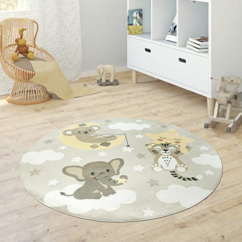 Paco Home Alfombra Infantil Redonda Chicas Chicos Estrellas Luna Elefante Arco Iris, tamaño:Ø 120 cm Redondo, Color:Beige