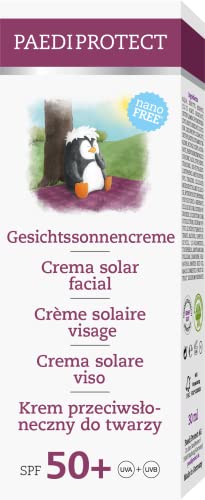 PAEDIPROTECT Crema solar facial bebé SPF 50+ 30 ml, protector solar facial 50 para niños y adultos rostro, protección solar filtro fisico sin perfume, formación de colágeno, vegana antimancha