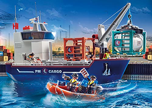 PLAYMOBIL City Action 70769 Gran Buque Portacontenedores con Barco Aduanero , A partir de 4 años