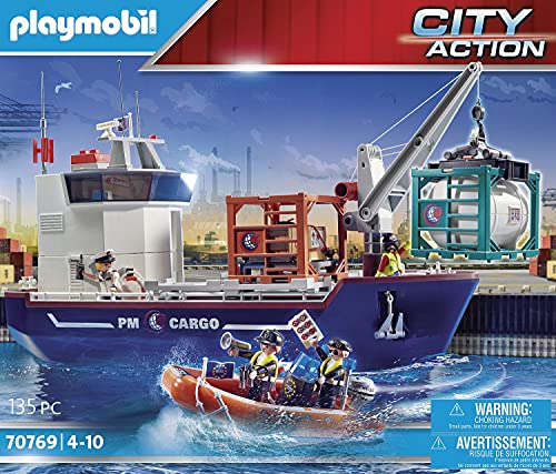 PLAYMOBIL City Action 70769 Gran Buque Portacontenedores con Barco Aduanero , A partir de 4 años