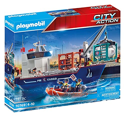 PLAYMOBIL City Action 70769 Gran Buque Portacontenedores con Barco Aduanero , A partir de 4 años