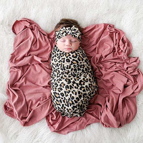 Posh Peanut Manta para Pañales para Bebés, Viscosa de Punto Grande de Primera Calidad de Bambú, Manta para Pañales para Bebés, Manta Receptora Y Juego de Diadema, Registro (Lana Leopard Tan)