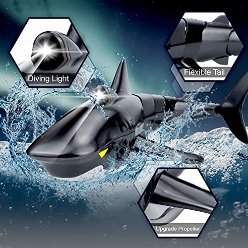 Pristar Mini Tiburón Teledirigidos Recargable Simulado Tiburones Juguetes Control Remoto 2.4GHz Bajo el Agua Eléctrico Tiburón Peces Barcos Piscina de Juguete Baño Nadando para niños, Negro (2 Pilas)