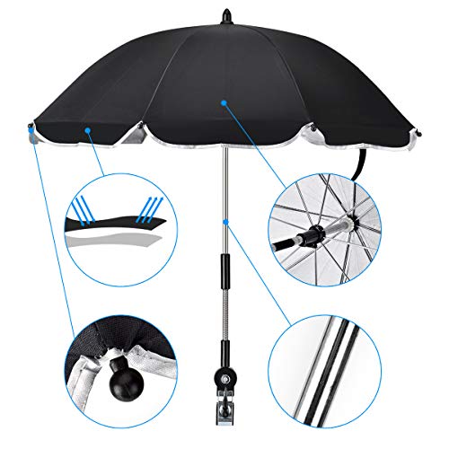 Queta Sombrilla para Carrito de bebé - Silla de paseo al aire libre, que bloquean eficazmente los rayos ultravioletas, con tubos redondos y ovalados/Protección UV50+, 73 cm diámetro, color negro