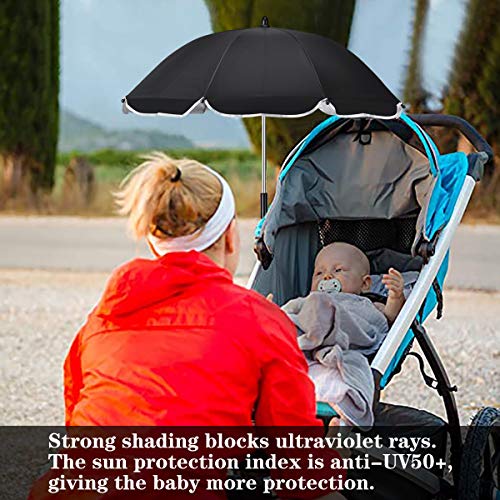 Queta Sombrilla para Carrito de bebé - Silla de paseo al aire libre, que bloquean eficazmente los rayos ultravioletas, con tubos redondos y ovalados/Protección UV50+, 73 cm diámetro, color negro