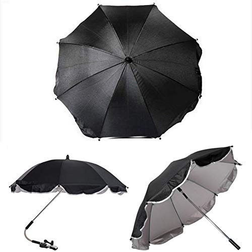 Queta Sombrilla para Carrito de bebé - Silla de paseo al aire libre, que bloquean eficazmente los rayos ultravioletas, con tubos redondos y ovalados/Protección UV50+, 73 cm diámetro, color negro