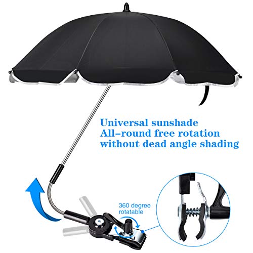 Queta Sombrilla para Carrito de bebé - Silla de paseo al aire libre, que bloquean eficazmente los rayos ultravioletas, con tubos redondos y ovalados/Protección UV50+, 73 cm diámetro, color negro