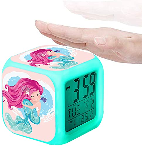 Reloj despertador digital de sirena, 7 cambios de color LED LCD con luces para niños, despertador, mesita de noche, regalo de cumpleaños, niña, niña, mujer, dormitorio adulto