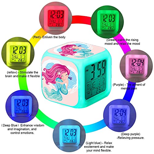 Reloj despertador digital de sirena, 7 cambios de color LED LCD con luces para niños, despertador, mesita de noche, regalo de cumpleaños, niña, niña, mujer, dormitorio adulto