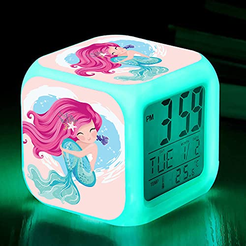 Reloj despertador digital de sirena, 7 cambios de color LED LCD con luces para niños, despertador, mesita de noche, regalo de cumpleaños, niña, niña, mujer, dormitorio adulto