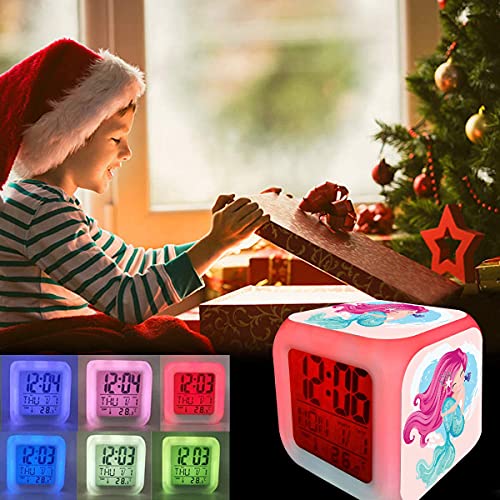 Reloj despertador digital de sirena, 7 cambios de color LED LCD con luces para niños, despertador, mesita de noche, regalo de cumpleaños, niña, niña, mujer, dormitorio adulto