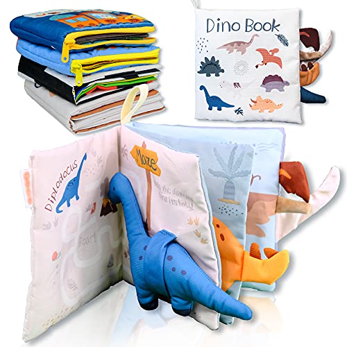 Richgv Libro para bebés, Libro de Tela Suave, Libro de Juguetes para bebés, Libro de Tela Educativo y de Aprendizaje con muñeca 3D (Dinosaurio)