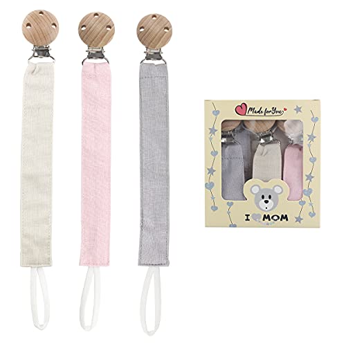 RUBY 3PCS Cadena Chupete Bebe Kit Portachupete Bebe Set Porta Chupetes,Chupetero Tela con Pinza Chupetero de Madera de Haya Natural,Regalo Bebe (Rosa-3)