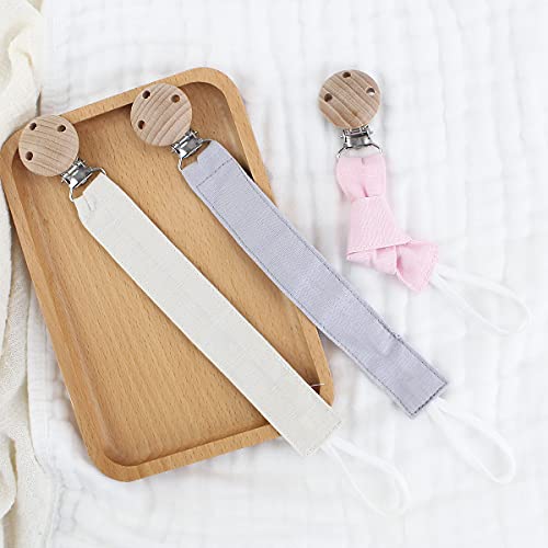 RUBY 3PCS Cadena Chupete Bebe Kit Portachupete Bebe Set Porta Chupetes,Chupetero Tela con Pinza Chupetero de Madera de Haya Natural,Regalo Bebe (Rosa-3)