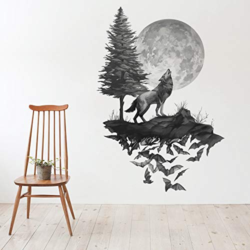 Runtoo Pegatinas de Pared Lobo Luna Stickers Adhesivos Vinilo Árbol Negro Decorativas Salon Habitacion Bebe Dormitorio