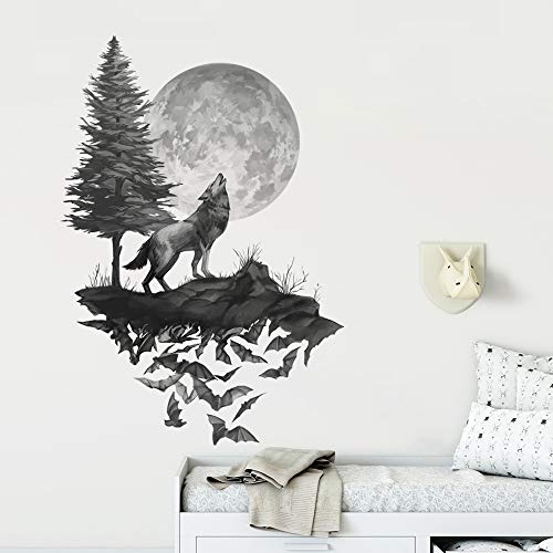 Runtoo Pegatinas de Pared Lobo Luna Stickers Adhesivos Vinilo Árbol Negro Decorativas Salon Habitacion Bebe Dormitorio