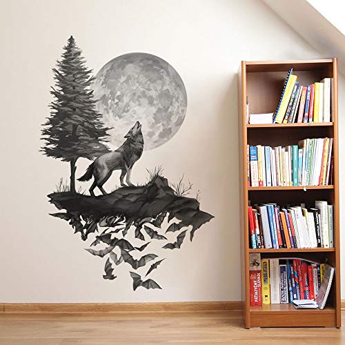 Runtoo Pegatinas de Pared Lobo Luna Stickers Adhesivos Vinilo Árbol Negro Decorativas Salon Habitacion Bebe Dormitorio