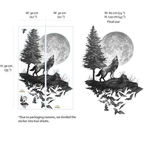 Runtoo Pegatinas de Pared Lobo Luna Stickers Adhesivos Vinilo Árbol Negro Decorativas Salon Habitacion Bebe Dormitorio