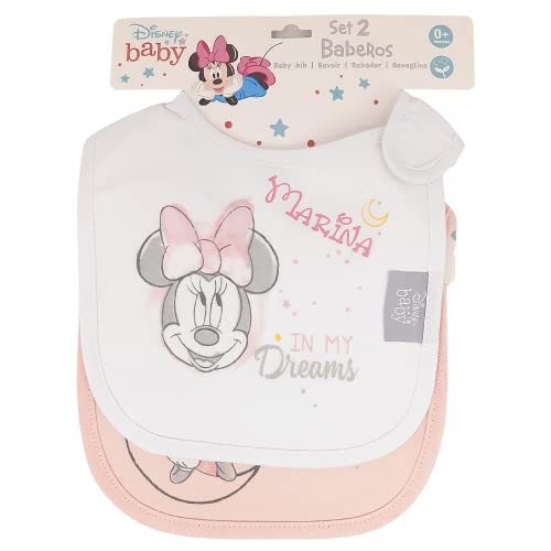 Set de Baberos Disney Personalizados de Mababyshop - Pack de 2 Baberos Minnie en 2 colores y personalizados con el nombre del Recién Nacido - Completa tu cesta de bebé Personalizada