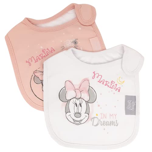 Set de Baberos Disney Personalizados de Mababyshop - Pack de 2 Baberos Minnie en 2 colores y personalizados con el nombre del Recién Nacido - Completa tu cesta de bebé Personalizada