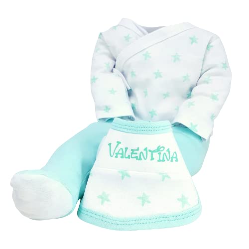 Set primera puesta de recién nacido Estrellas de 5 piezas – Pijama de 2 piezas Estampado de estrellas, Gorrito y Babero Personalizados con el nombre del bebé y Manoplas para recién nacido. (Verde)