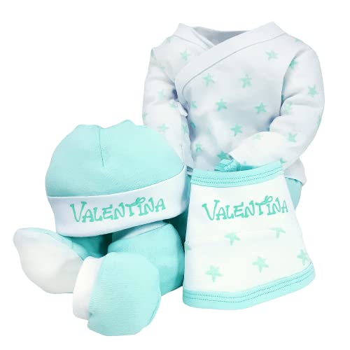 Set primera puesta de recién nacido Estrellas de 5 piezas – Pijama de 2 piezas Estampado de estrellas, Gorrito y Babero Personalizados con el nombre del bebé y Manoplas para recién nacido. (Verde)