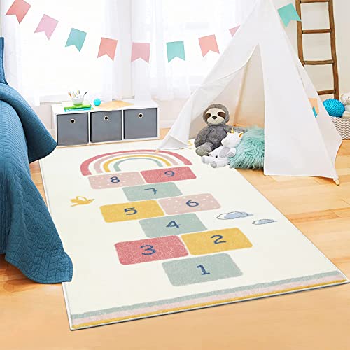 SHACOS Alfombra de Niños Habitación, Beige Alfombra de Juegos Antideslizante, Alfombra Infantil Habitación, Pelo Corto, Estera de Juego, Suave Alfombra Grande para Niños, Niñas, 120x170 cm