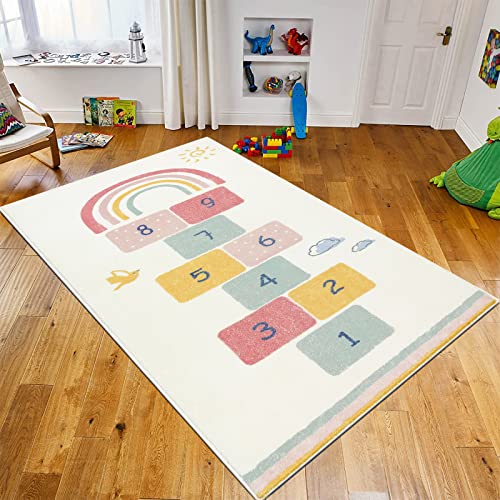 SHACOS Alfombra de Niños Habitación, Beige Alfombra de Juegos Antideslizante, Alfombra Infantil Habitación, Pelo Corto, Estera de Juego, Suave Alfombra Grande para Niños, Niñas, 120x170 cm